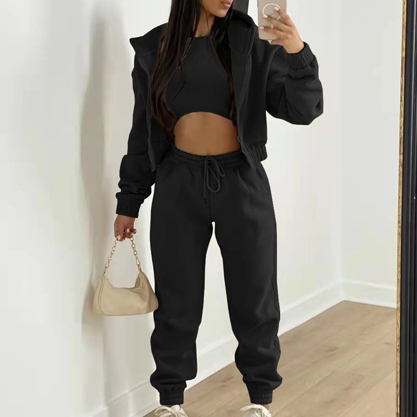 lovwvol Women 3 Piece Sets Casual Long Sleeve Zip Hoodies+Ribbed Tank+High Waist Sweatpants Jogger Pant Suits Sporty Three Pieces Outfit