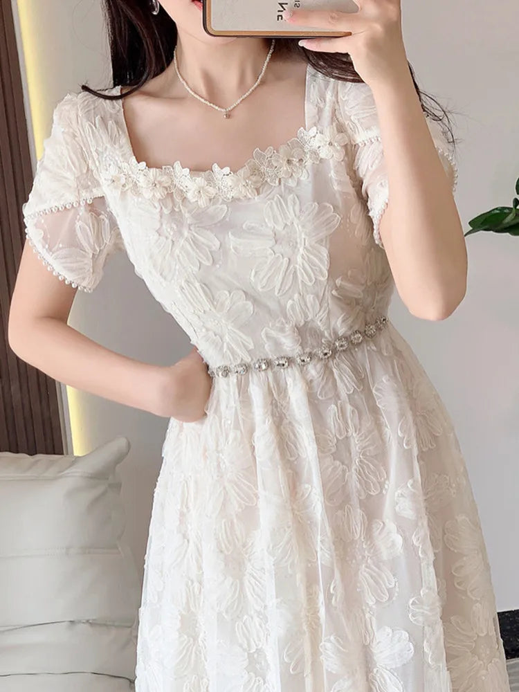 lovwvol New French Elegant Embroidery Short-Sleeved Summer Dress Women Fashion Luxury Diamond Beads Hollow Floral Dress