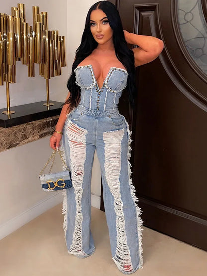 Tassel Hollow Out  Overalls For Women Studded Diamond Strapless Backless Jeans Street Fashion Trend Jumpsuite Femme