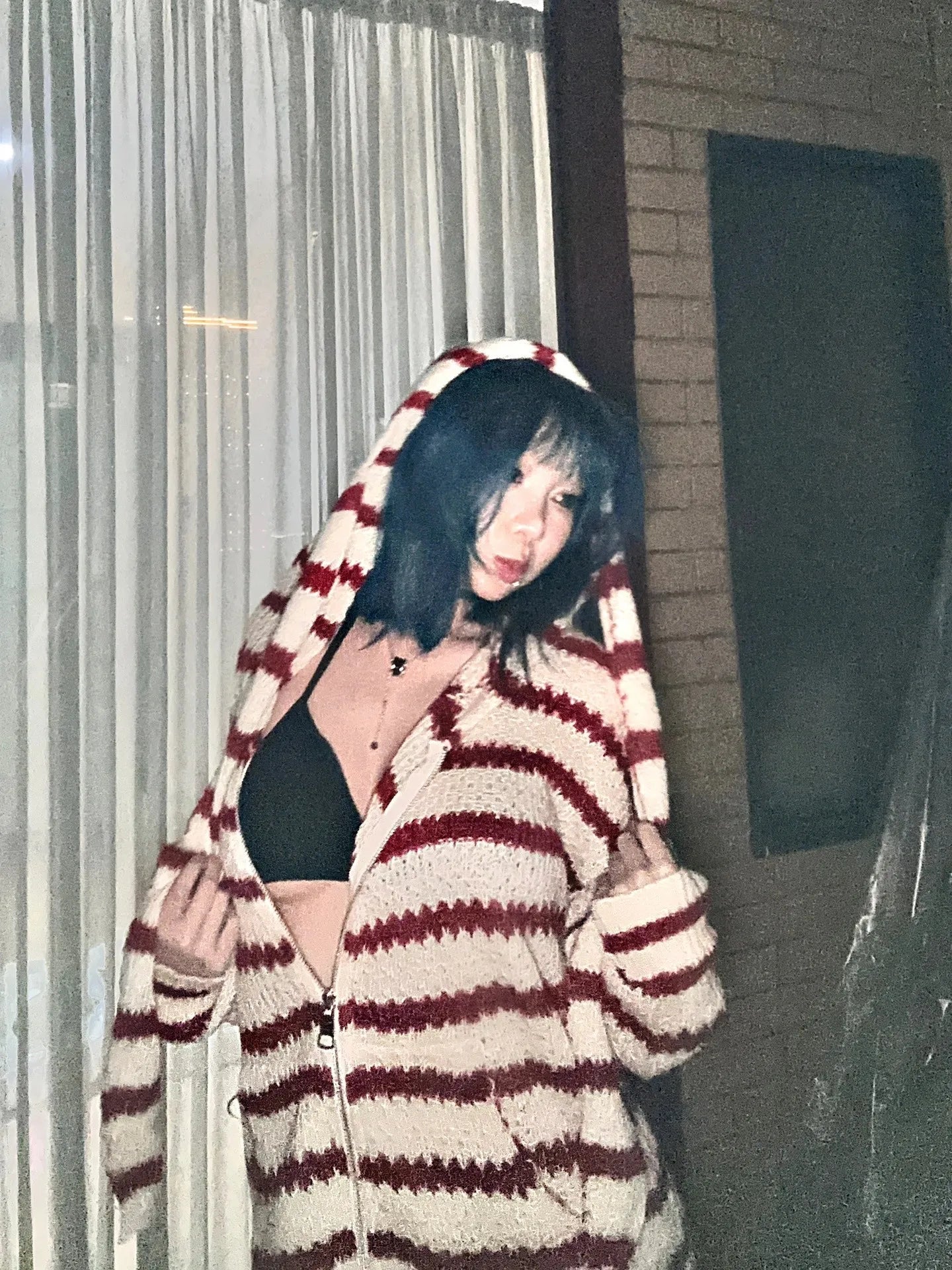 Karrram Japanese Y2k Hooded Cardigan 2000s Aesthetics Rabbit Ears Zipper Knitwear Vintage Harajuku Red Stripe Sweater Grunge