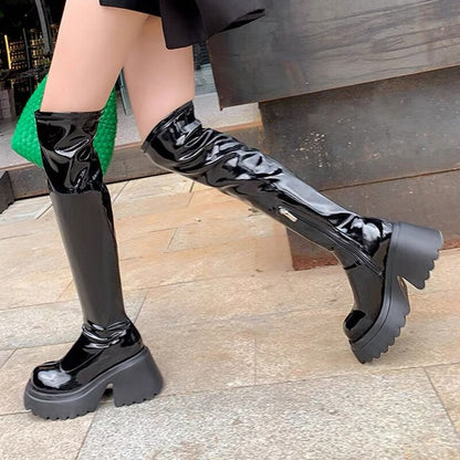 Patent Leather Chunky Platform Long Boots Women Autumn Punk Thick Heels Shoes Woman Zipper Black Motorcycle Botas De Mujer