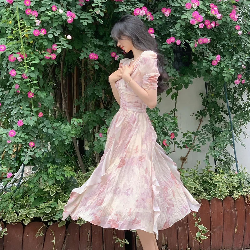 lovwvol Summer V-neck Print Dress French Style Women Elegant Party Pink Midi Dress Female Fashion A Line Holiday Korean Clothes