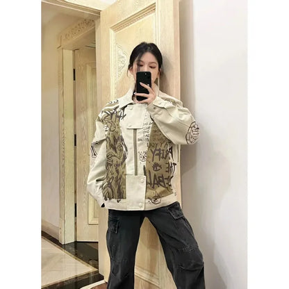 lovwvol  -  Autumn Retro Graffiti Printed Jacket For Men And Women Oversized Casual Couple Jacket Versatile jaqueta aviador feminina