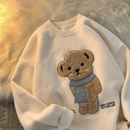 lovwvol Korean Style Cartoon Bear Print Knitted Sweater Women Kawaii Harajuku Blue Long Sleeve Oversize Jumper Female Winter