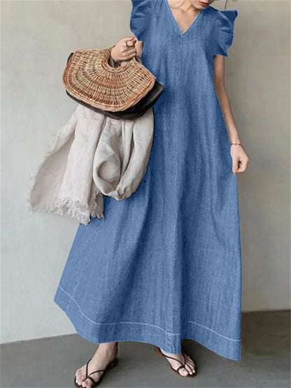 lovwvol Vintage Blue Denim Dress Women Summer Sleeveless V Neck Long Dresses Female Oversized Loose Casual Simple Vacation Maxi Dress