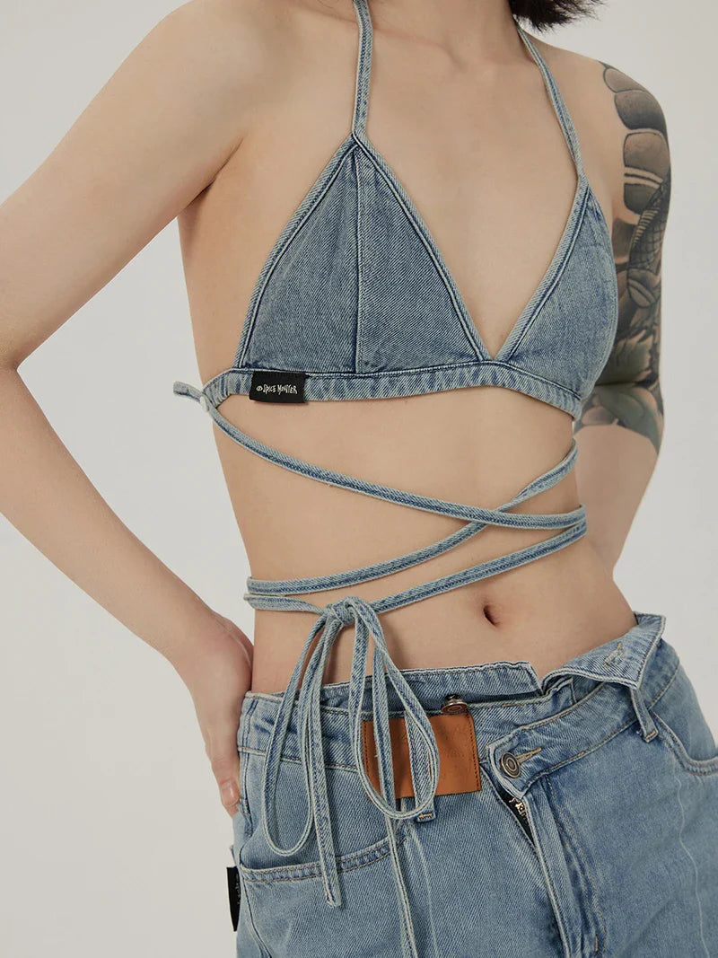 lovwvol Summer New Triangle Bikini Bra Top Sexy Backless Women Bandage Denim Sling Vest Korean Stylish Vintage Y2k Beachwear