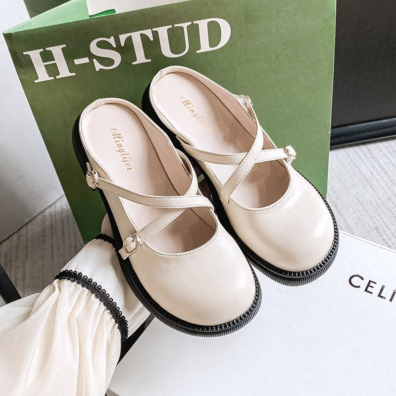 lovwvol The new summer 2023 low-heeled half-toe slippers Fashion house designed casual black round head women's Muller leather shoes