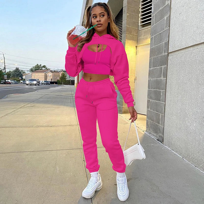 Women 3 Pieces Sets Sweatpants and Hoodie Set Cropped Tops Fleece Pants Suit Tracksuit Fitness Sport Jogger Outfit Clothing