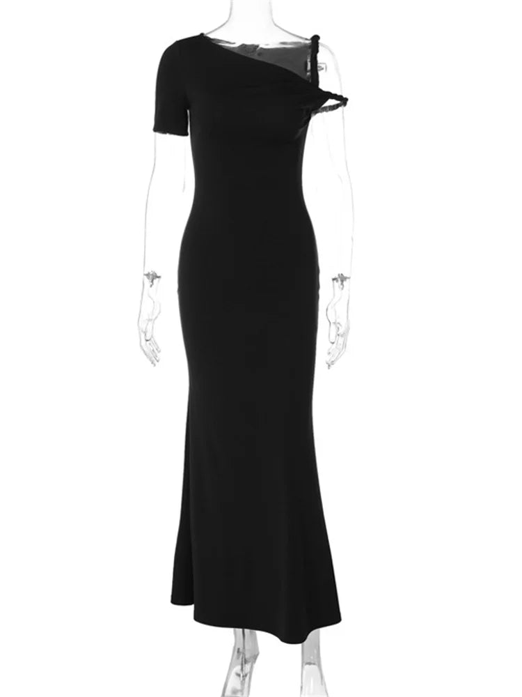 lovwvol - Black Long Dress Female Slim High Waist Off-Shoulder Fashion Elegant Evening Partywear Dress Solid One-Shoulder Maxi Dress