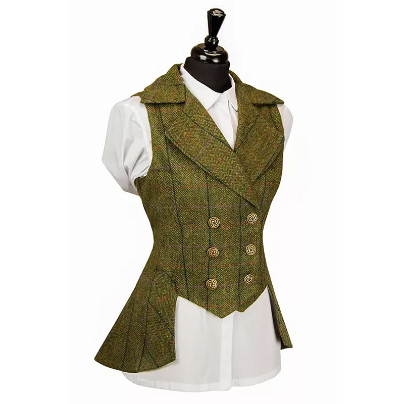 Woman’s Vest Army Green Plaid Herringbone Tweed Business Waistcoat Tailored Collar Vintage OL Waistcoat for Wedding Vest