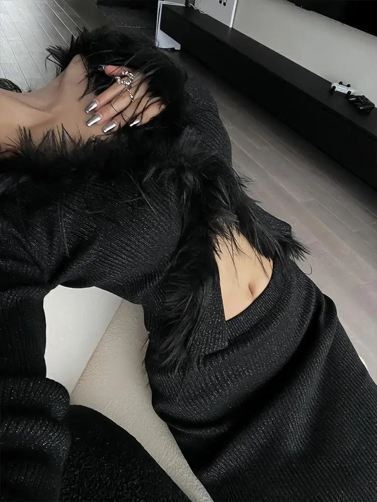 lovwvol Sexy Gothic Knitted Cardigan with Fur Women Black Cropped Sweaters Y2k Elegant Korean Streetwear Grunge V-neck Tops