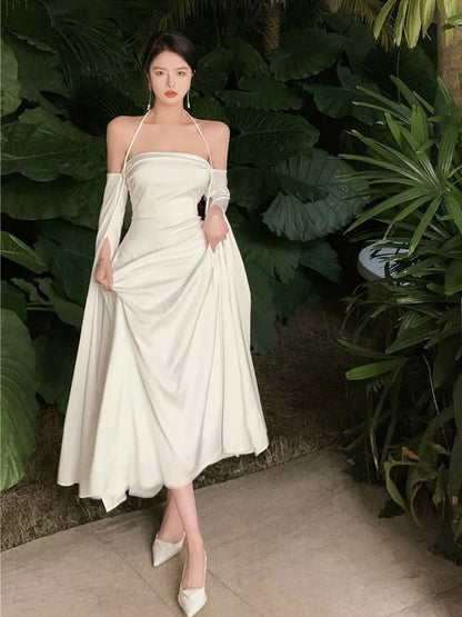 lovwvol Women Summer Elegant Satin Silky Off Shoulder White Cocktail Dress wedding dress Party Maxi Dress