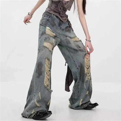 lovwvol Women's Wear Through Dirty Blue Distressed Jeans Summer Girl Wide-leg Denim Trousers Vintage Bottoms Female High Waisted Pants