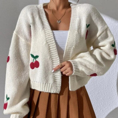 lovwvol lovwvol Spring  Autumn Jacquard Sweater 2023 New Outerwear Loose Casual Knitted Cardigan Cherry Pattern Cute Short Knitted Jacket