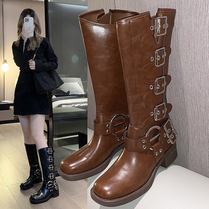 Woman Boots Knee High Platfrom Studded Spring Summer Knight Combat Gothic Elegant Medium Heel Women's Shoes Motorcycle Footwear