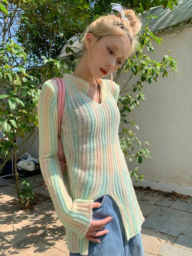 lovwvol Gradual Striped Sweater Female Summer Slim Y2k Tops V Neck Slit Design Women Clothes Sweet Korean Fashion Ropa