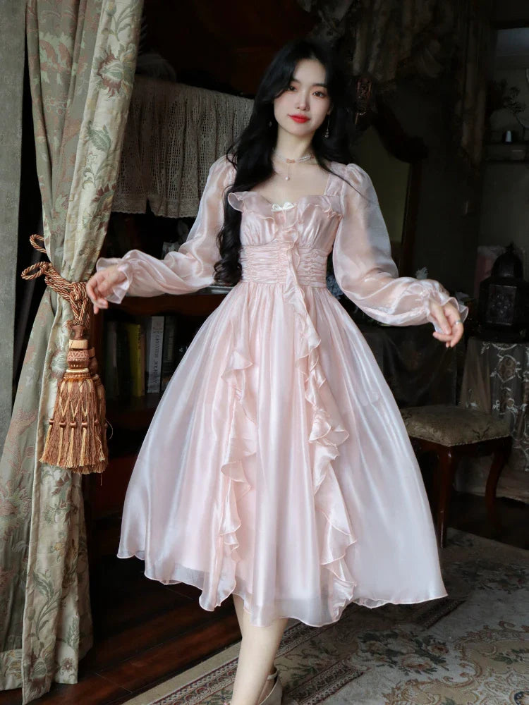 lovwvol   Autumn Vintage Party Midi Dress Women Pink Fairy Korean Style Sweet Dress Female Bubble Sleeve Elegant Evening Party Dress