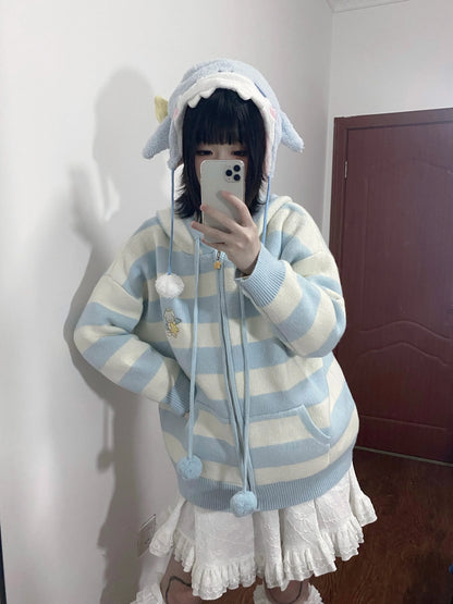 Harajuku Kawaii Dog Striped Cardigan Autumn New Loose Hoodie Tops Women Y2k E-Girl Long Sleeve Zipper Sweater