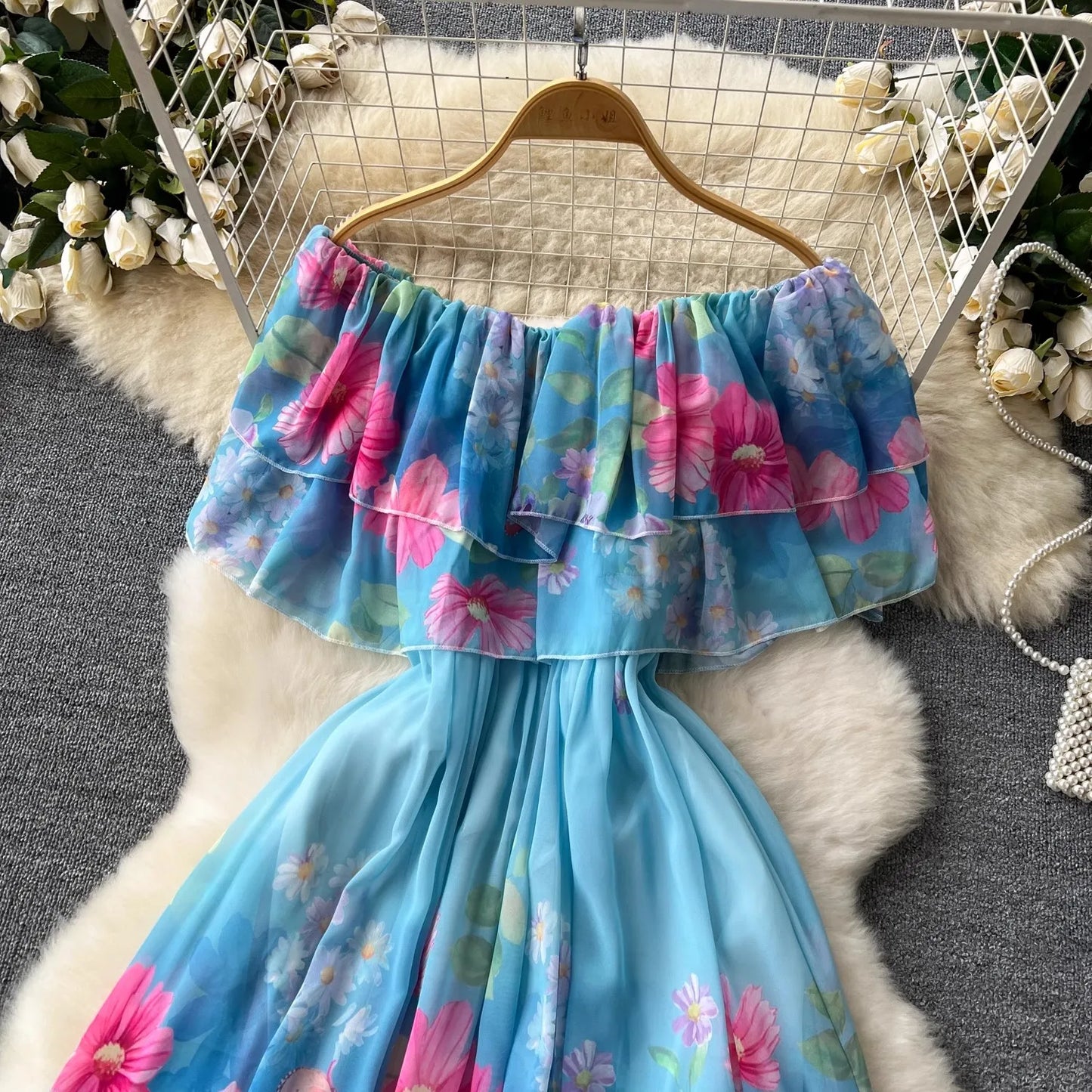 lovwvol Sexy Off Shoulder Bohemian Ruffles Flower Summer Dress Women's Slash Neck Floral Print High Waist Boho Long Robe Vestidos