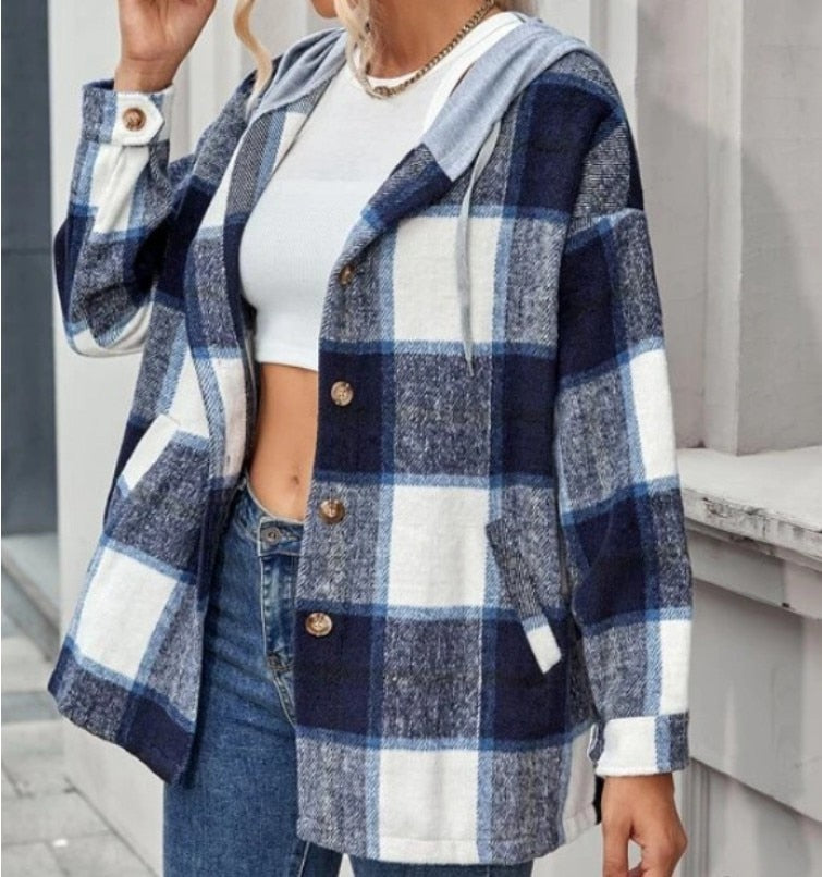 lovwvol     Vintage Plaid Jacket Womens Wool Blend Coats Hoodies Streetwear Flannel Hooded Woolen Za Woman Overshirt Oversized Shirts