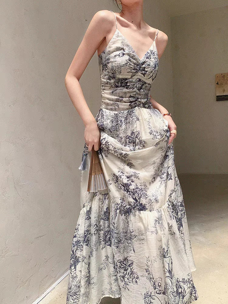 lovwvol Summer Vintage Floral Beach Long Dresses Women Elegant Spaghetti Strap Party Prom Robe Female A-line Chiffon V-neck Clothes chic