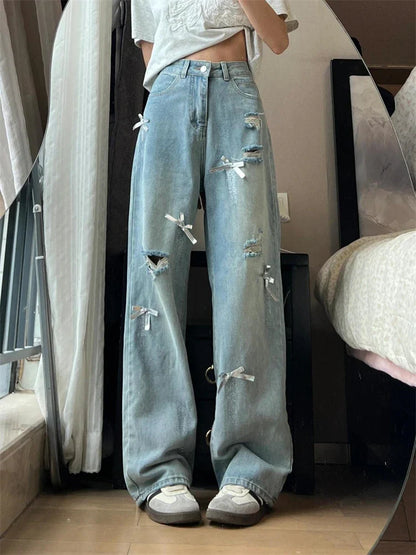 lovwvol Women's Bowtie Distressed Light Colored Thin Jeans Summer Cool Girl Pant Street Bottoms Female High Waisted Baggy Denim Trousers