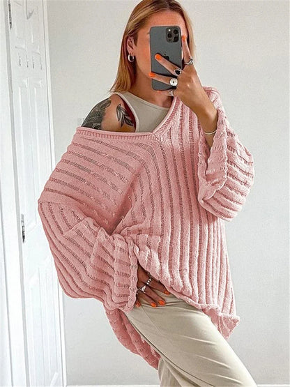 V-Neck Oversized Women's Sweater Long Sleeve Hollow Out Striped Knit Tops Winter Trend Casual Loose Pullover Sweaters