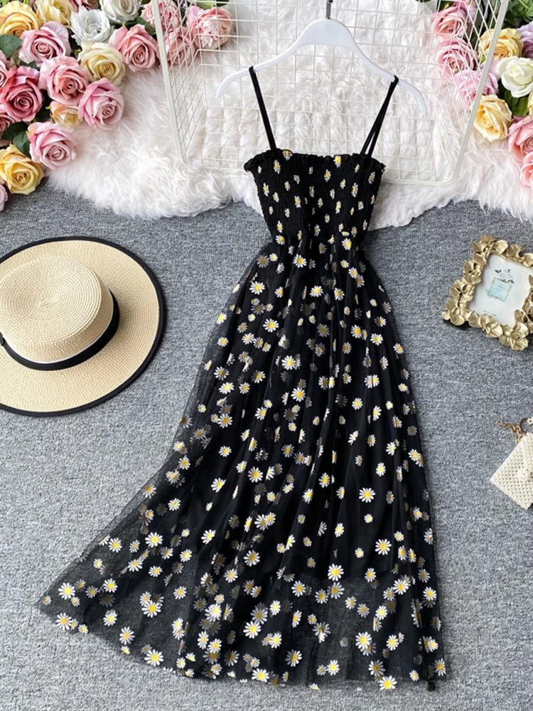 lovwvol   Summer Beach Mesh Floral Dress Women Vintage Elegant Sexy Beach Sundress Woman Party Night Korean Kawaii Vestidos