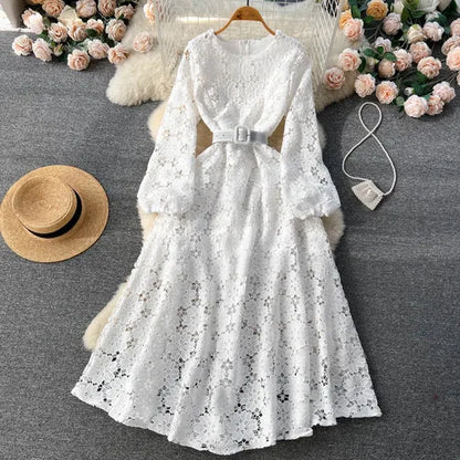 lovwvol Spring Autumn Women Hook Flower Hollow Party Long Dress Vintage Round Neck Puff Sleeve High Waist A-Line Maxi Vestidos New 2024