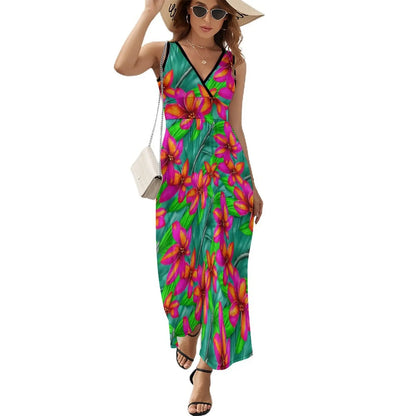 lovwvol Tropical Print Dress Female Orange Flowers Vintage Maxi Dress V Neck High Waist Aesthetic Design Boho Beach Long Dresses