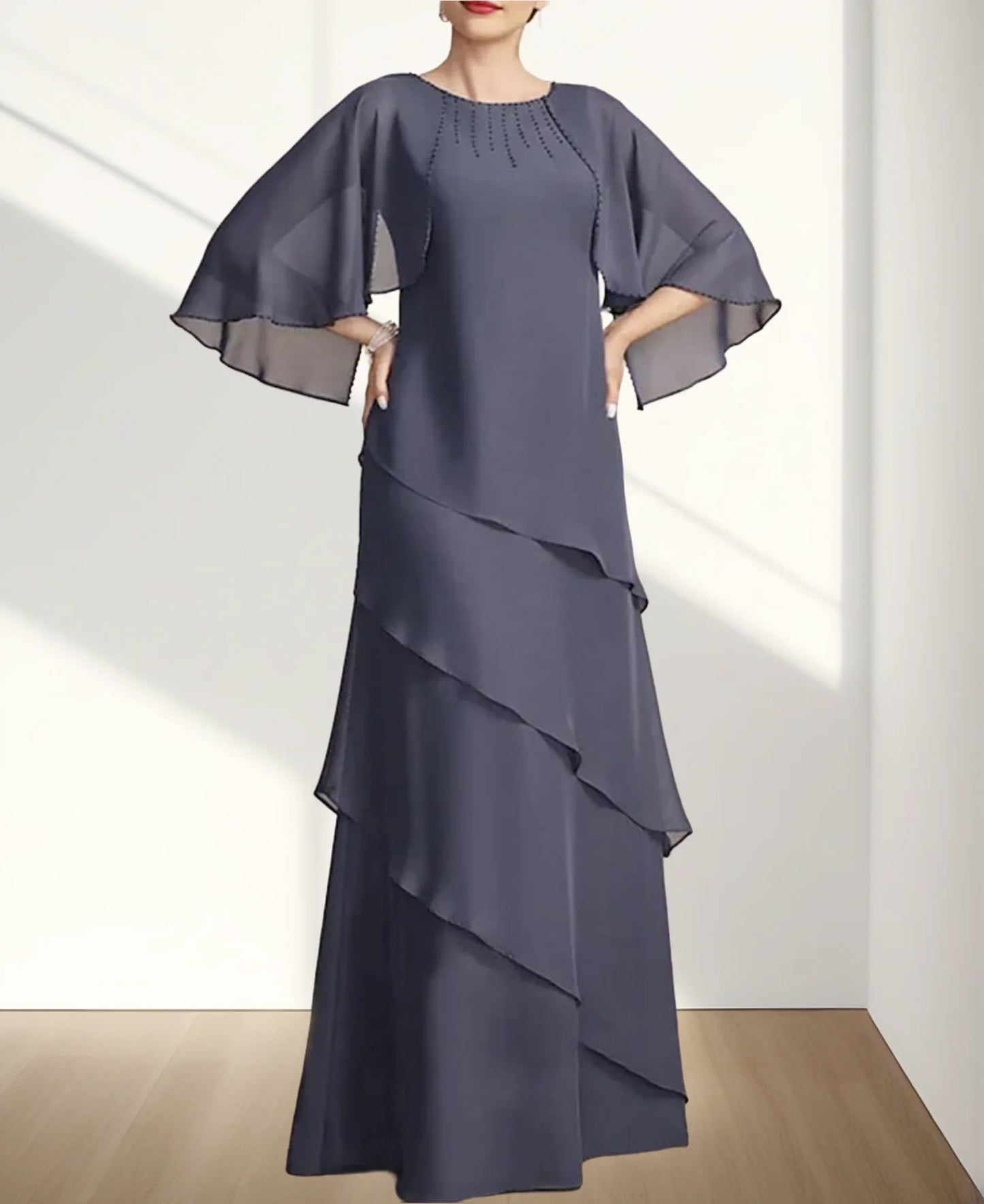 A-Line Mother of the Bride Dress Wedding Guest Elegant Floor Length Chiffon 3/4 Length Sleeve  with Cascading Ruffles