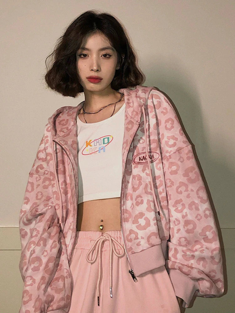 Preppy Style Pink Sweatshirts Leopard Print Y2K Harajuku Oversized Hoodies Women Vintage Zipper Cropped Top Cute Jacket