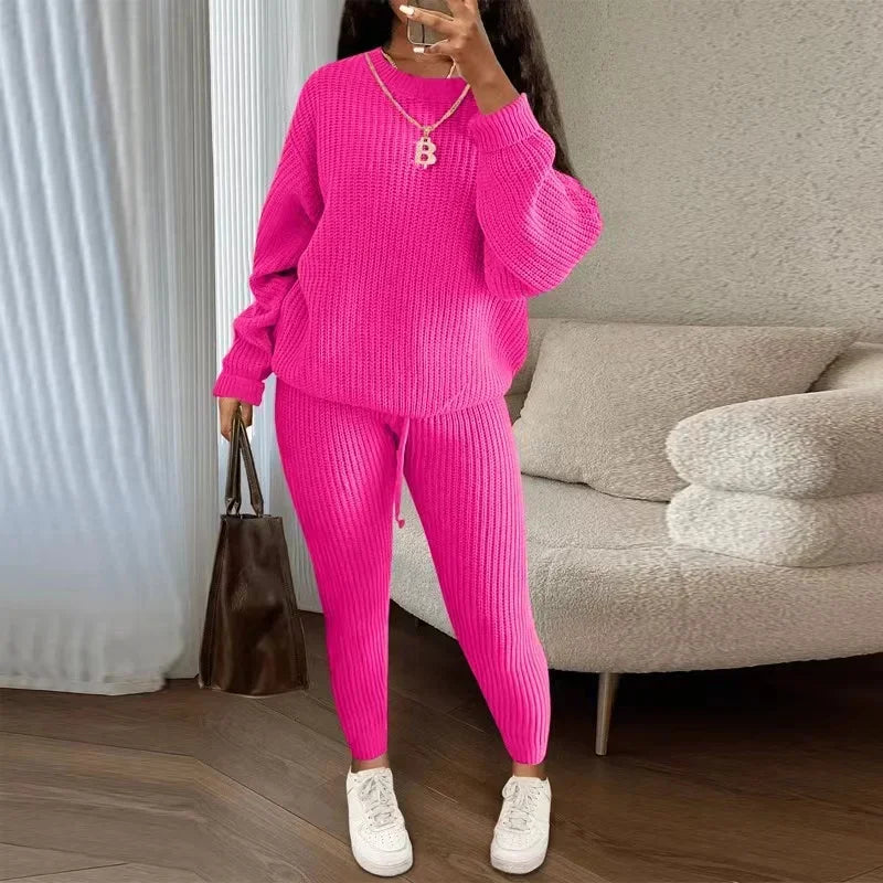 lovwvol  -  Winter Two Piece Sets Women Clothing Autumn Fashion Casual Solid Round Neck Pullover Loose Pit Knitted Sweater Pants Suits