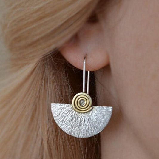 Tribal Golden Spiral Half Circle Drop Earrings Gypsy Jewelry Two Tone Metal Silver Color Tree Bark Fan Shaped Earrings Women