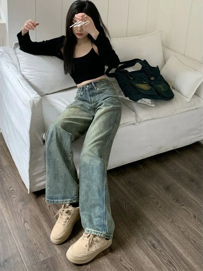 lovwvol   Y2k Baggy Wide Leg Jeans Women Vintage Streetwear Washed Denim Pants Grunge Basic Slouchy Blue Trousers Femme Spring