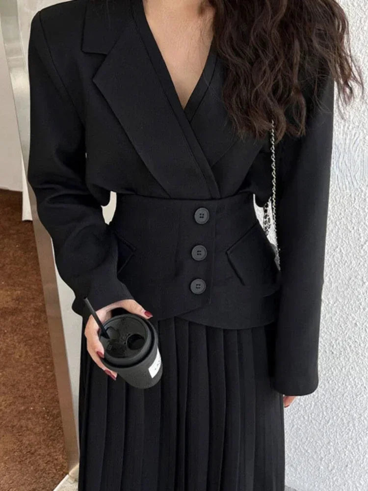 lovwvol   Fashion Designer Vintage 2 Piece Set Women Temperament Office Lady Long Sleeve Coat + Higt Waist Pleated Skirt Blazers Suit