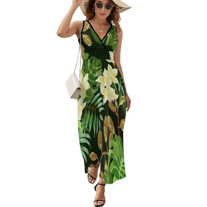 lovwvol Tropical Print Dress Female Orange Flowers Vintage Maxi Dress V Neck High Waist Aesthetic Design Boho Beach Long Dresses