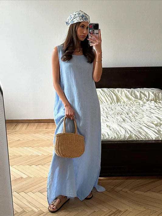 lovwvol Women Casual Solid Loose Cotton Linen Maxi Dress Elegant O-neck Sleeveless Split Dresses 2024 Summer Female Street Robes