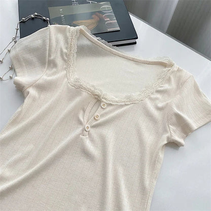 lovwvol Lace Apricot Y2k Crop Top 2000s Vintage Harajuku Slim Tshirts V-Neck T-Shirt Summer 2024 New Kawaii Blouse Short Sleeve Women