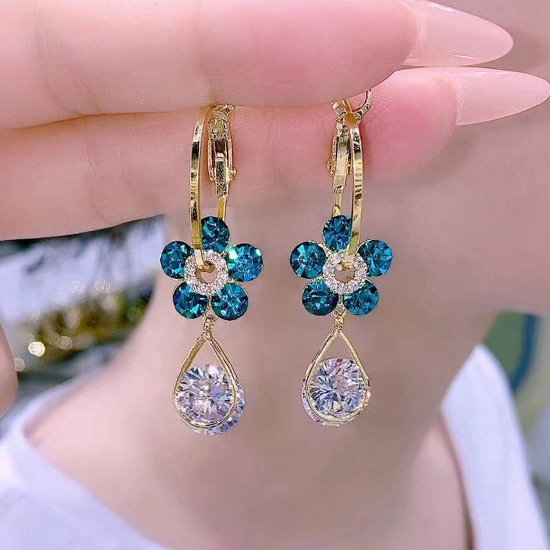 Exquisite Opal Flower Earrings For Women Rhinestone Long Tassel Zircon Earring Girls Wedding Party Temperament Jewelry New