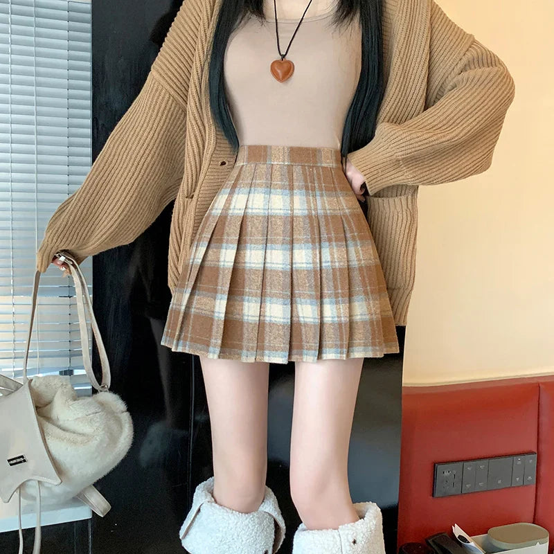 lovwvol Preppy Style Winter Plaid Vintage Pleated Mini Wool Skirt For Women High Waist Thicken Casual School Cute Short Skirt Female