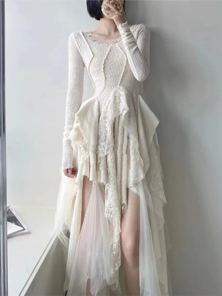 lovwvol French Vintage Elegant Lace Dress Women 2024 Spring Summer New Irregular Splicing Long Bridesmaid Evening Party Dress Prom Robe