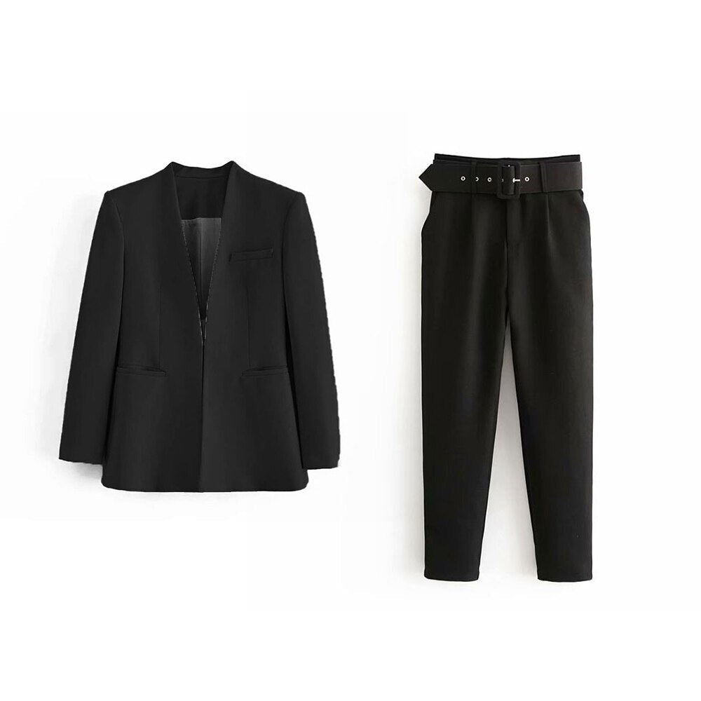 Women Fashion Two Pieces Sets Office Wear Blazers Coat And With Belt High Waist Pants Female