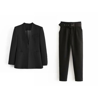 2023 Women Fashion Two Pieces Sets Office Wear Blazers Coat And With Belt High Waist Pants Female