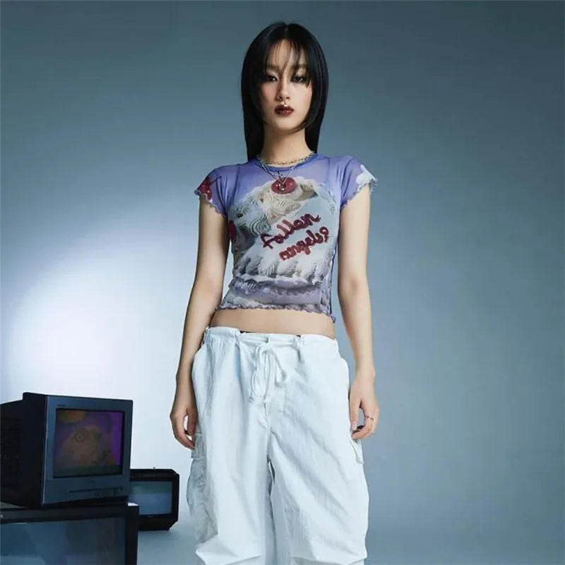 Graphic Tees Y2k Streetwear Trendy Printed Mesh See Through Short Sleeve Tshirt for Women Summer Crop Tops