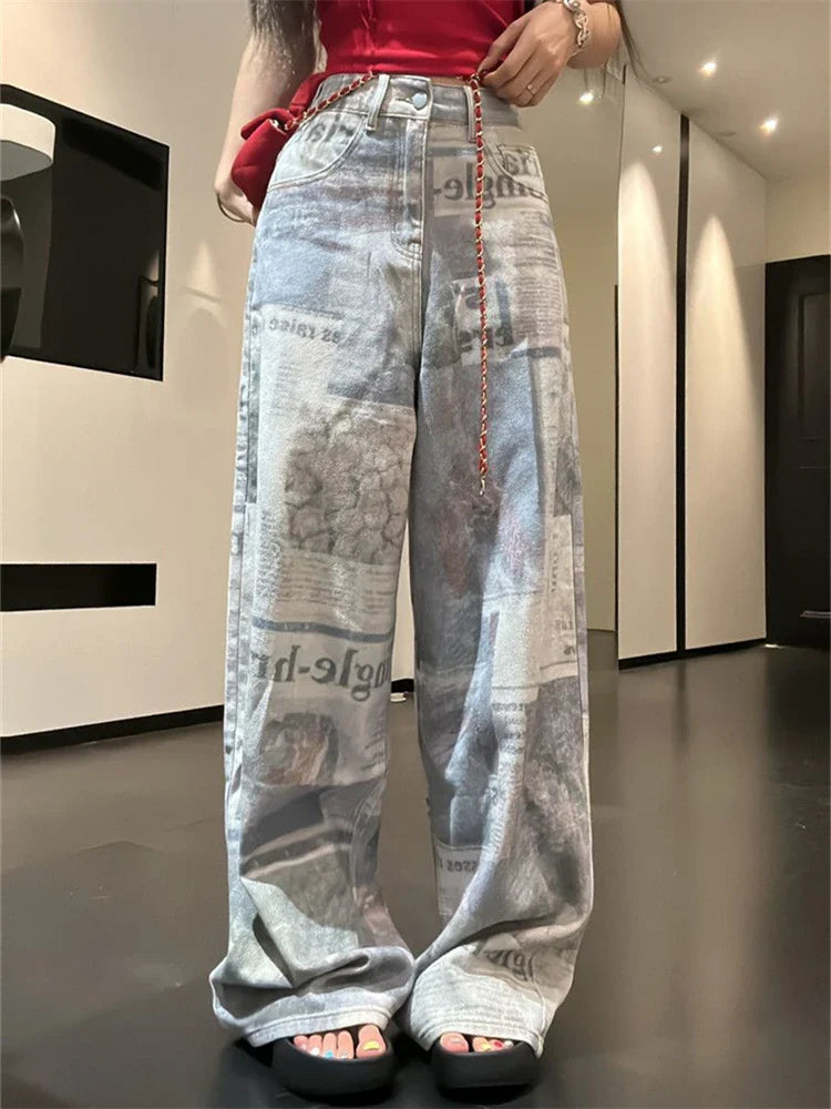 lovwvol Women's Newspaper Print Design Personality Jeans Young Girl Summer Thin Straight Bottoms Vintage Trousers Female Wide Leg Pants