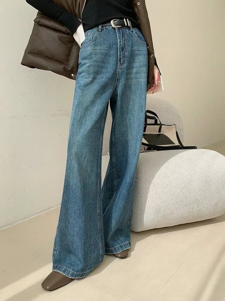 lovwvol Women's Solid Color Wash Blue Micro Flared Baggy Jeans Cool Girl High Waisted Loose Pants Female Casual Wide Leg Denim Trousers