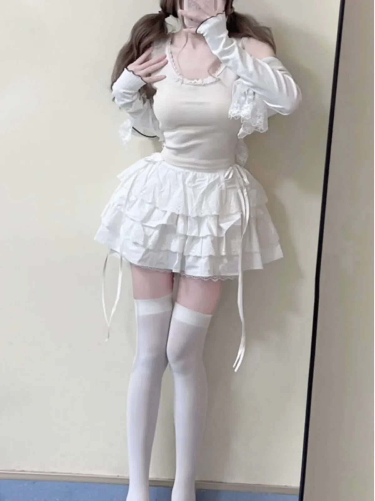 White Mini Skirts Women Lace Patchwork Sweet A-line High Street Bow Korean Fashion Y2k Skirt Harajuku All-match Streetwear Ins