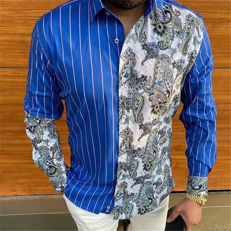 lovwvol Men Printing Shirt Long Sleeve Turn Down Collar Streetwear Ethnic Style Tops Button Casual Tideway Camisa Masculina