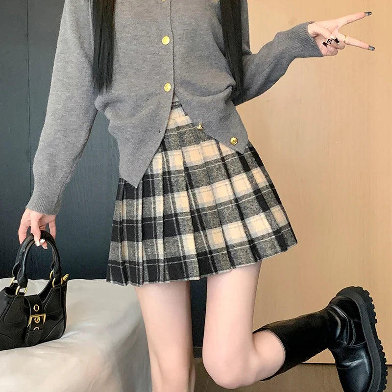 lovwvol Preppy Style Winter Plaid Vintage Pleated Mini Wool Skirt For Women High Waist Thicken Casual School Cute Short Skirt Female